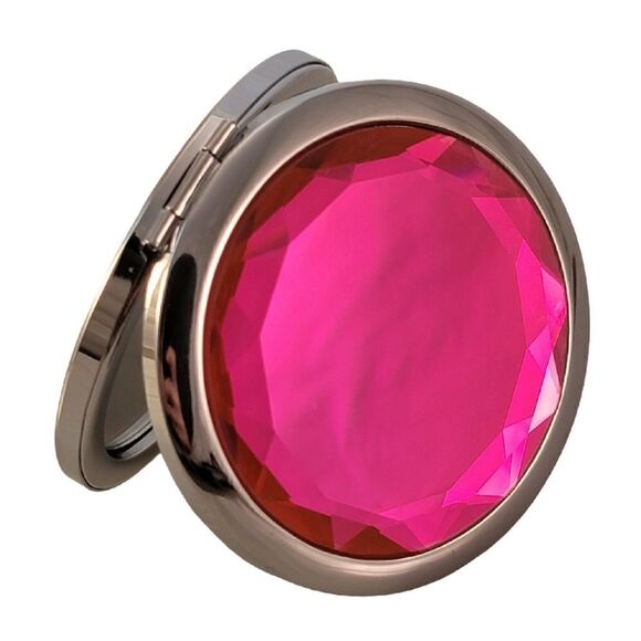 Compact Hot Pink Faceted Crystal Travel Mirror - New! - Picture 1 of 7
